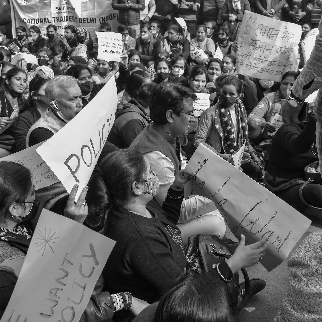 black and white photo of protesting crowd