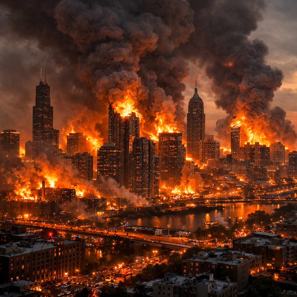 City skyline with multiple skyscrapers ablaze with large fires and thick smoke rising