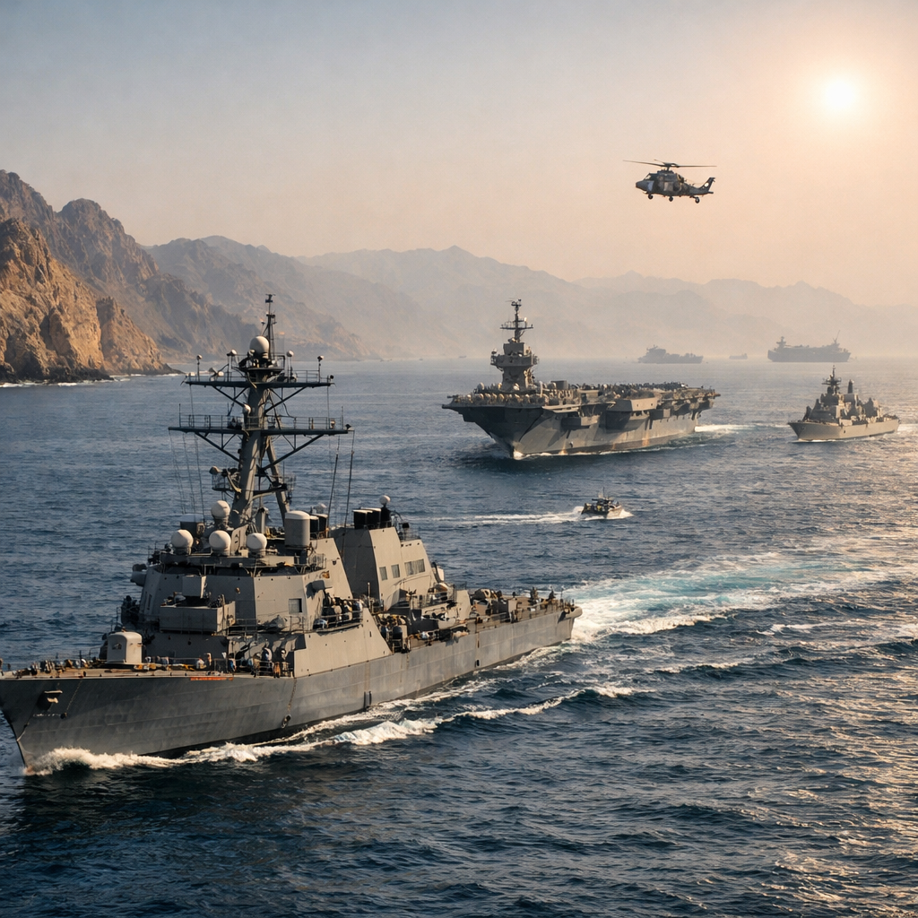 Naval ships and a helicopter sailing and flying near rocky coast with mountains and sun.