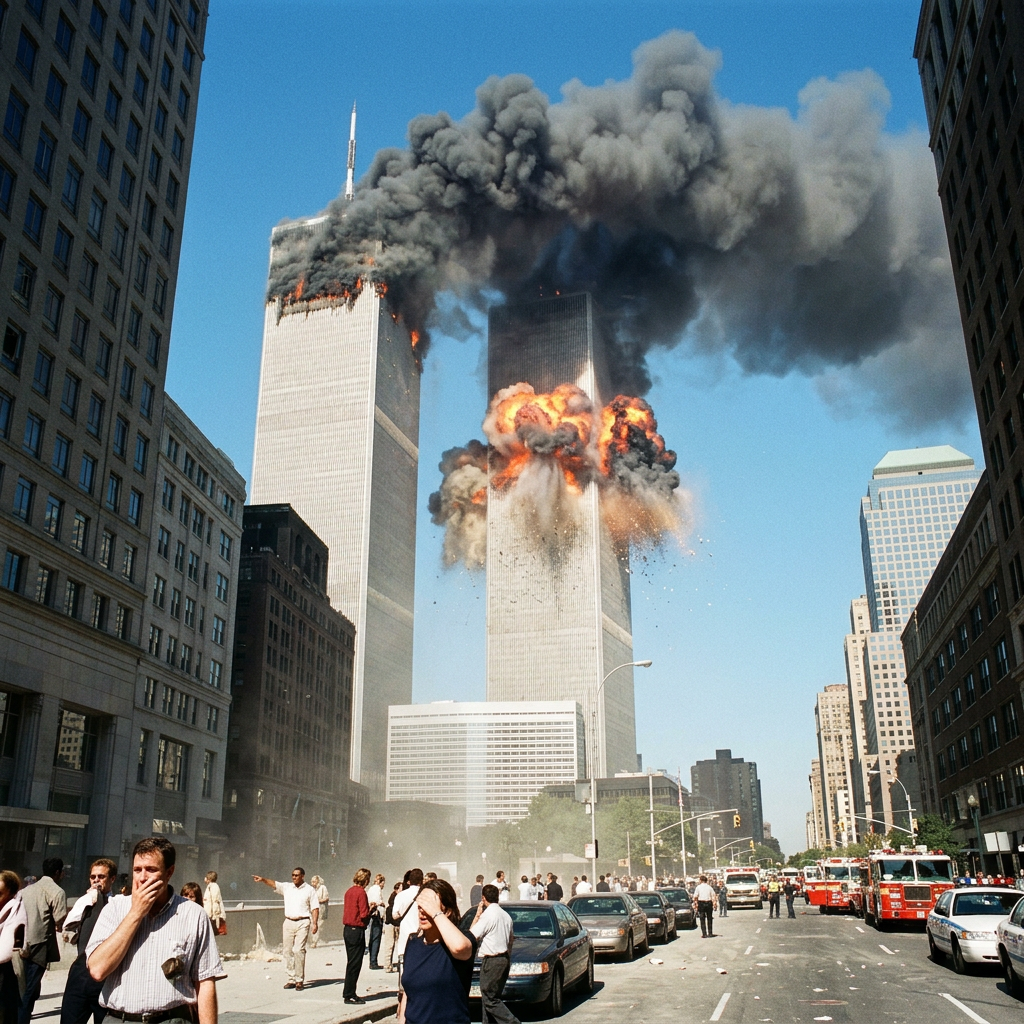 Explosion and thick smoke billowing from the Twin Towers during the 9/11 attack