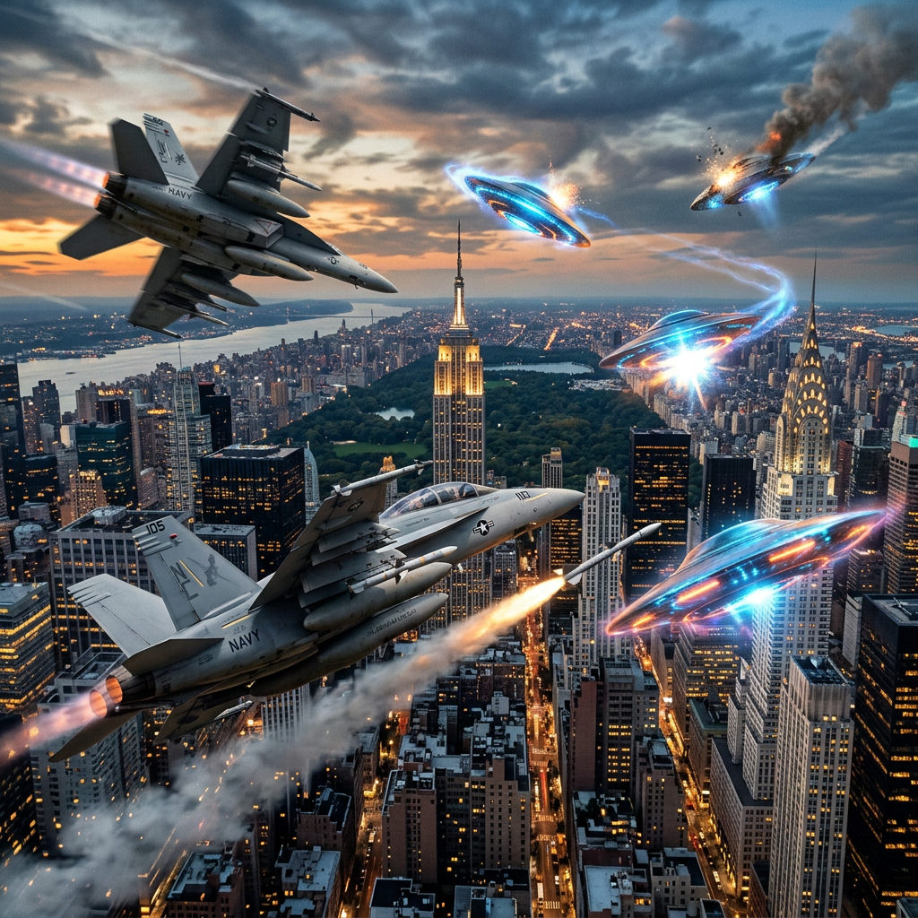 Two Navy F-18 fighter jets firing missiles at glowing blue and orange UFOs over New York City skyline at sunset