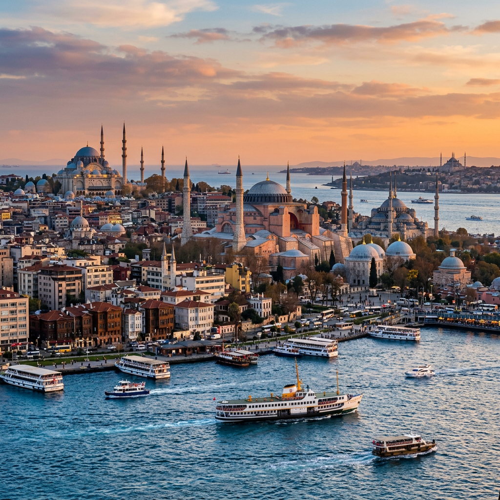 Istanbul skyline featuring Hagia Sophia, Blue Mosque, and boats on Bosphorus