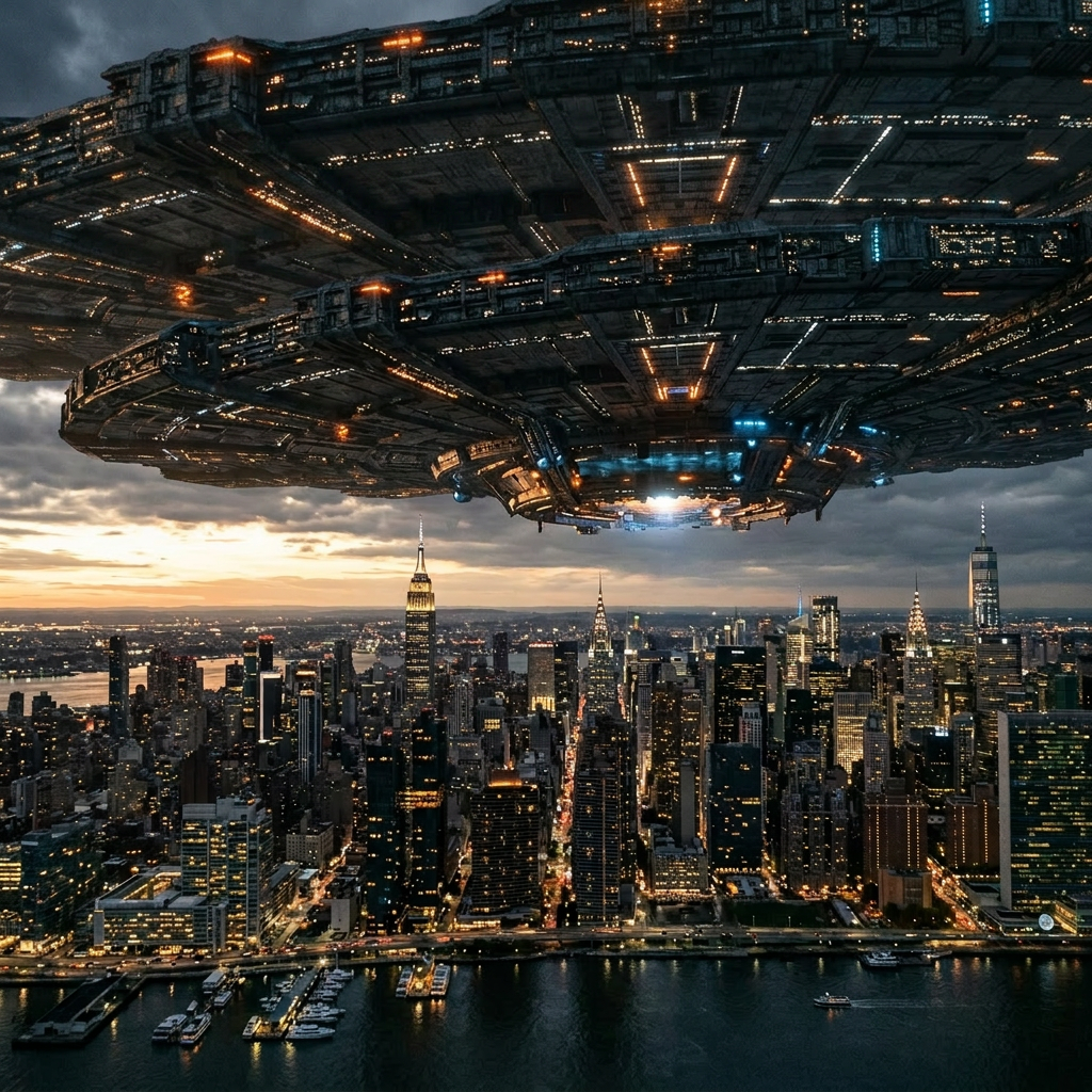 Large futuristic spaceship hovering above a city with tall skyscrapers at dusk