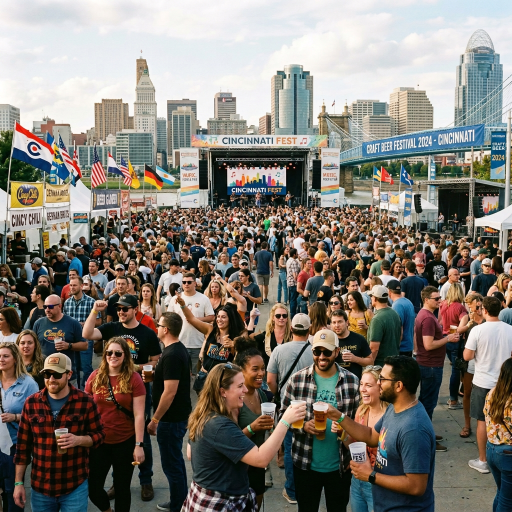 Large crowd at Cincinnati Fest outdoor event with food stalls, stage, and Cincinnati skyline
