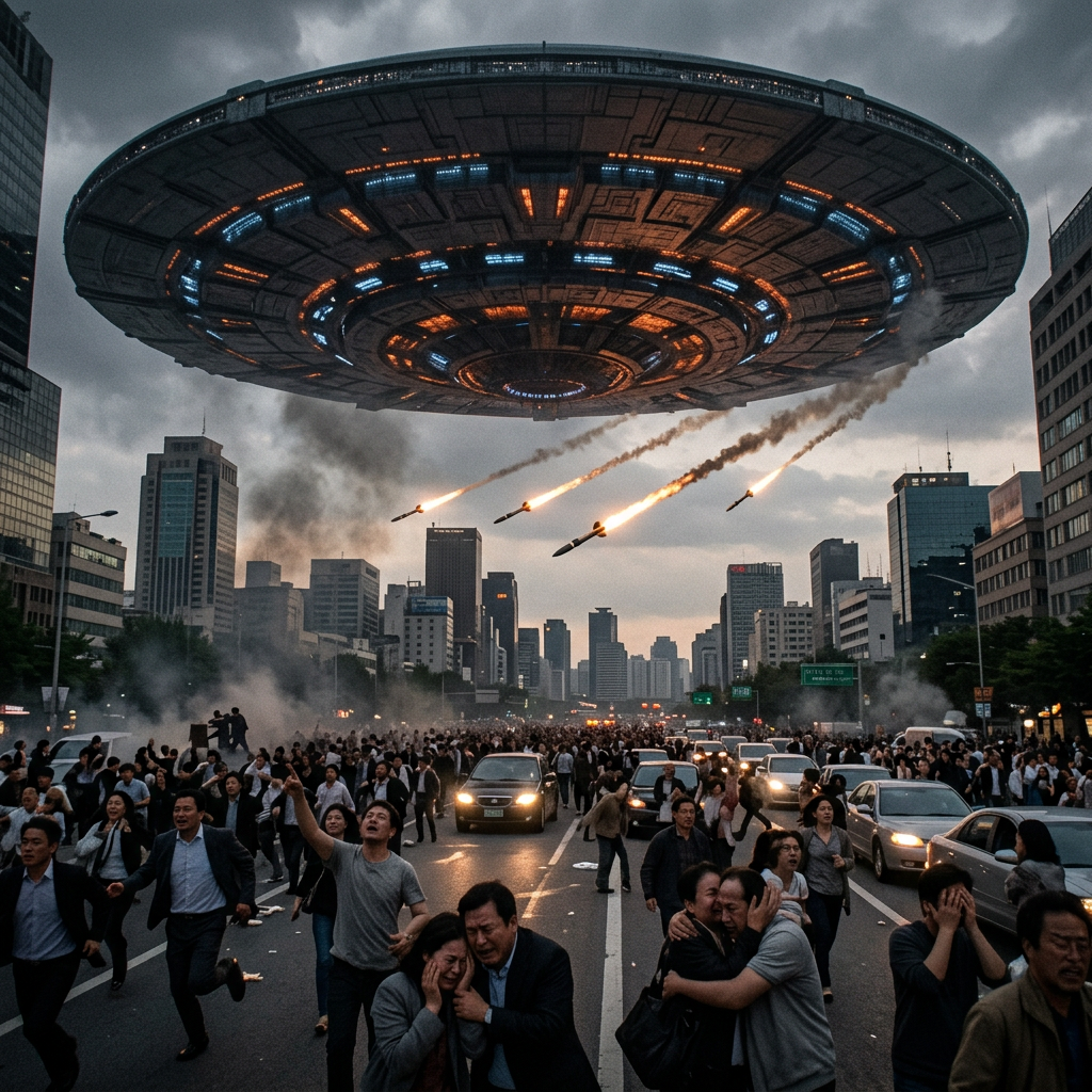 Large UFO hovering over fleeing crowd as missiles strike city